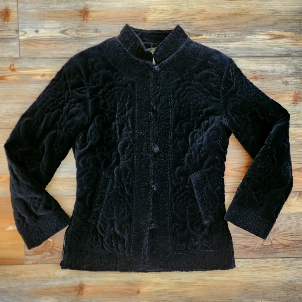 Fei Anthropologie Women’s Quilted Black Velvet Blazer Mandarin Collar Size 6